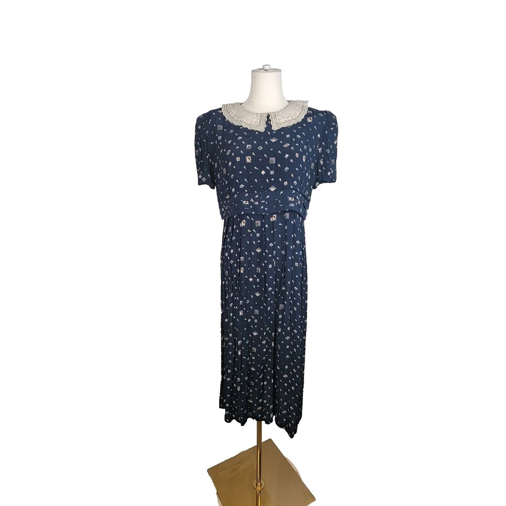 Karin Stevens Navy Vtg Geometric Print Midi Dress Lace Collar Beaded Vintage 10